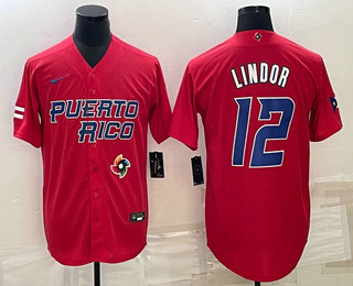 Mens Puerto Rico Baseball #12 Francisco Lindor 2023 Red World Baseball Classic Stitched Jersey